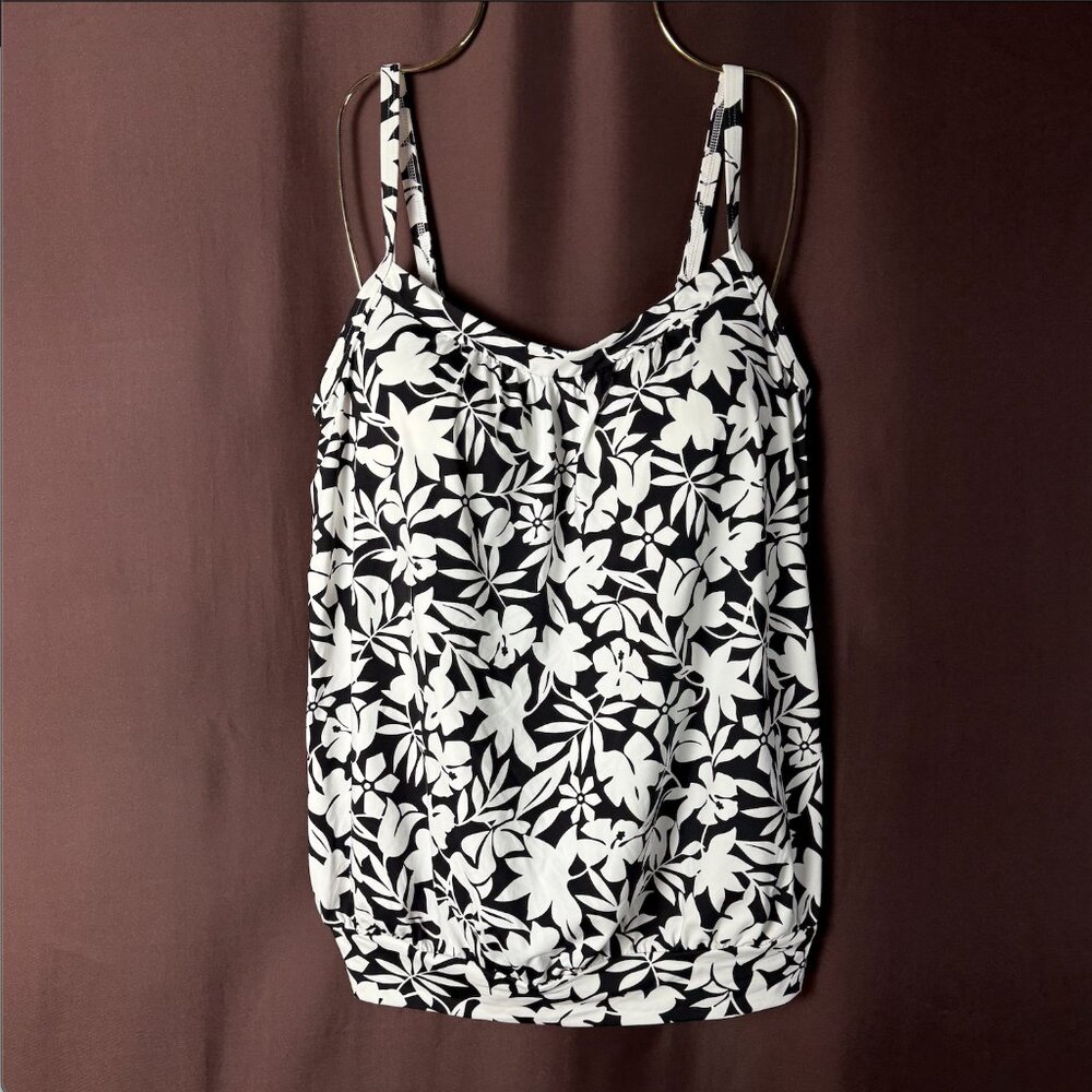 Lands' End Women's 2-4 LONG Blouson Tankini Swim Top White/Black Havana Floral S